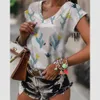 T-shirt Summer V-Neck Fashion Printed Flower Graphic T-Shirt Top 2023 Harajuku Super Large Women's Casual Y2K Clothing P230523