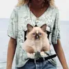 T-shirt Summer Fashion Fashion Cat 3D PRIMAGEM ALGUNIDO CURTO DE MANAGEM CURTO TOP V ROODADES DE MULHERES CASUAL CASUAL CORREIRA T-SHIRT P230523