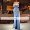 Light Sexy Pink Sky Blue Off Shoulder Mermaid Prom High Side Split Pearls Formal Evening Party Gowns For Women Satin Tail Dresses Bc14066 0420