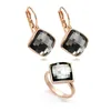 Halskette Ohrringe Set MOONROCY Schwarzer Kristall Ring und Ohrring Schmuck Roségold Farbe Quadrat für Frauen Mädchen Geschenk Tropfen Großhandel