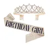 Other Event Party Supplies Bling Crystal Crown Tiara Birthday Anniversary Decoration Happy 18 21 30 40 50th Satin Sash 230522