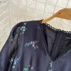 Summer French Vintage Style Dress Black Fragmented Flower Long Dress Gentle Style Short Sleeve V-Neck Wrapped Waist Slim A-line Large Swing Dress