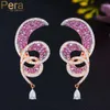 Noeud Pera Hyperbole rose vif CZ plaqué or longue rotation symétrique boucles d'oreilles pendantes pour femmes fête de fiançailles bijoux cadeau E758