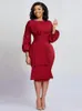 Casual Dresses Elegant Fashion Woman Round Neck Long Lantern Sleeve Pencil Dress Office Ladies Waist Shaped Business Workwear Formal Midi