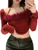 Camisetas femininas Camisetas chinesas suéter picante menina pendurada no pescoço da camisa de ombro da cintura alta camisetas de manga comprida m488