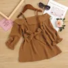 Fille robes mode filles robe 2-7Y automne marron couleur unie à manches longues pour hors de l'épaule grand ourlet jupe ceinture