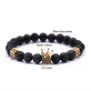 Strand 2023 Trendy 8mm Black Lava Stone Beads Armband med guld silverfärglegering krona för kvinnor män par armbanden smycken