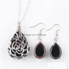 Earrings Necklace Natural Pendum Pendant Bridal Party Jewelry Set For Women Water Drop Black Agate Gem Stones Dangle Necklaces Q30 Dh9Lb