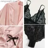 Women's Sleepwear Woman Sleepwear 4pcs Floral Lace Trim Satin Pajamas Set with Robe Sexy Faux Silk Pijamas Robe Sets Casual Home Clothes Nightwear T230523