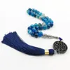 Ubranie Naturalne niebieskie agaty kamienne Tasbih modlitwa koraliki Misbaha 33 66 99Beads Nowe style bawełniane frędzle profesjonalne muzułmanin (