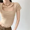 Women's Blouses Summer Knitted Cotton Chic Square Coller Crop Top Simplicity Design Sense Curved Hem Casual High Street Shirts