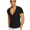 Men's T-Shirts Summer Sexy Deep V-Neck Men's T Shirt Low Cut Vneck Wide Vee Tee Male Tshirt Short Sleeve Causal Solid Tops Invisible Undershirt 230522