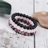 Strand 3pc Sets Bracelet Natural Stone Beaded Elastic Cord Pink Beads Women's Jewelry Rhodonit Rosequartz Black Onyx
