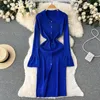 Casual Dresses Elegant Lapel Knit Sexy Split Pencil Dress Puff Long Sleeve Single Breasted Fashion Slim Vestidos Chic Elastic Autumn Ins