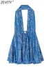 Vestidos casuales básicos Zevity Mujeres Vintage Tótem geométrico Estampado floral Halter Mini vestido Mujer Chic Verano Sin espalda con cordones Vestidos casuales DS1844 230522