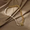 Necklaces Casual Stainless Steel Cuban Chain Aesthetic Yellow Gold Plated Choker Half Pearl Half Chain Necklace Tarnish Free Jewelry 2022