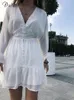 Podstawowe sukienki swobodne Dicloud Szyfonowe letnie sukienki dla kobiet V Białe koronkowe patchwork Długie rękawie sukienka weselna Eleganckie marszczenie Vestidos 230522