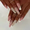 False Nails 24pcs Long T-shape Fake Square Head French Nail Manicure Diamond-encrusted Gold Foil Glitter Waterproof Faux Fingernails