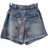 Jeans feminino Floral Impresso Denim Shorts Roupas de verão femininas 2023 Design Sense Straight Loose Strass Rua Fashion Street