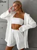 Women's Tracksuits Casual Loose Satin Women Shorts 2 Piece Set Long Sleeve Blouse Elastic Waist Suits 2023 Summer Solid Lady Commute Outfits