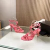 2023 Designer Luxury Sexig Peep-Toe Heel Sandaler Kvinnor Äkta läderblommor Cross Binding One-Button Sandal Ladys Fashion Hollowed Out Stiletto Shoes Size 35-39