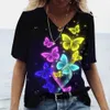 Camiseta 2023 verano mariposa Animal patrón 3D pintura abstracta mujer cuello en V camiseta suelta ocio calle multicolor Top P230523