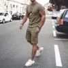 Tute da uomo Tuta sportiva da uomo Estate Casual Tinta unita T-shirt e pantaloncini Completo alla moda Misto cotone Girocollo Abbigliamento da uomo 230515