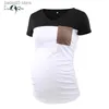 Maternity Tops Tees Women's Casual Maternity Tops Clothes Comfort Short Sleeve V Neck Pink Color block Pregnancy T-Shirt Pocket Mama Pregnant Tee T230523