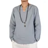 Men's Casual Shirts Men's Chinese-style Improved Linen Shirt Original Zen Small V-neck Large Size Loose Pullover Long-sleeved Top