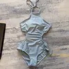 Letter Rhinestone Swimsuit Fashion Halter Bikini For Women Blue Hollow Swimwear New Bodysuit Swimsuits