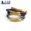 Bangle Ailatu Stainless Steel Gold Tube Bar Braiding Bracelets with 8mm Natural Lapis Stone Beads Mix Colors Couples Jewelry