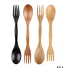 Spoons Wooden Simple Spoon Fork Outdoor Portable Mtifunctional Tableware Creative Design Dual Use Dinnerware Household Kitchen Tool Dhzu8