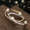 Bangle Wedding Jewelry Gold Silver Color Open Cuff Armband Bridal Simple Simulated Pearl Ball Bead Justerbara armband för kvinnor