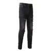 Ropa de diseñador Amires Jeans Pantalones de mezclilla Amies 1302 High Street Trendy Perforated Purple Red Fleece Patch Jeans con elástico negro Slim Fit Pies Pantalones para hombres Distr