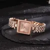 Relógios quadrados de luxo de pulso Relógios para mulheres Crystal Steel Quartz Watch Watch Set Set Fashion Bracelet Feminino de Wristwatch Gold Rose Gold