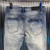 Designer Clothing Amires Jeans Denim Pants Amies Washed Damaged Brushed with Silver Coating Black Combination Leather Blue Jeans Slim Fit Distressed Ripped Skinny