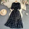 Summer French Vintage Style Dress Black Fragmented Flower Long Dress Gentle Style Short Sleeve V-Neck Wrapped Waist Slim A-line Large Swing Dress
