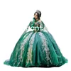 Hunter Green Prom Dresses Sweet 16 Girl apliques encaje rebordear con capa Princess Quinceanera Vestidos De 15 Anos