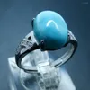 Cluster Rings Oval 8mm 10mm Natural Larimar Silver Ring Engagement Adjustable For Woman Gift