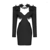 Casual Dresses 2023 Fashion Black Lace Dress Long Sleeve V-Neck Hollow Out Suit Elastic Slim Montering Shoulder Patch Patchwork Women's