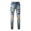 Designer Clothing Amires Jeans Denim Pants Amies Fashion Brand Jeans usés pour hommes avec pantalons à pieds élastiques bleu clair usés avec broderie pliée Snake Label Fash