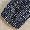 Runway Dresses Designer French paljettvävd pärlor med tweed ärmlös klänning Chic Blue White Plaid åldrande väst kjol 9o2p