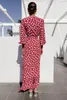 Casual Dresses SKMY 2023 Fall Clothes For Women Leopard Print Dress Long Sleeve Ruffled V-Neck High Waist Irregular Red Maxi Party Wear