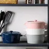 Bowls Two Ear Noodles Bowl Ceramic Line Pattern Simple Style Microwave Air Fryer Soup Baking Container Tableware Pink