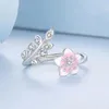 Klusterringar Trendiga 925 Sterling Silver Pink Cherry Blossom Öppning Sommarring Emaljblommor Justerbar för kvinnor CZ Fina smycken
