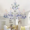 Kroonluchters Mediterraan Blue Crystal Kroonluchter verlichting voor eetkamer Home Restaurant Keramische Rose Lamp Pastorale kinderen Slaapkamer Licht