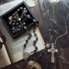 Pendant Necklaces CottvoSt Benedict Medal Catholic Crucifix Cross Masculine Square Hematite Cube Beads Chain Rosary Necklace Unique Jewelry