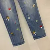 Dames jeans ontwerper nieuwe zware industrie geborduurd kleine paddenstoelbloempatroon decoratie hoge taille slanke elastische rechte been broek 2LR4