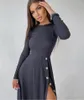 Casual Kleider Hohe Qualität Gestrickte Taste Seite Schlitz Sexy Kleid Für Frauen Bodycon Pullover Lange Hülse O-ansatz Taille Frühling Herbst