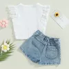 Kledingsets Peuter Kids Baby Girls Summer 2pcs Outfit Witte ruches Mouw geribbelde tops Daisy Print denim shorts 1-6t